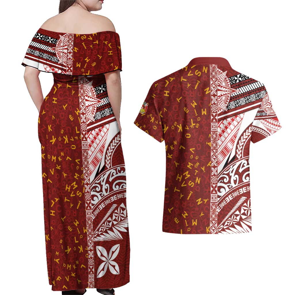 Tonga Language Week Couples Matching Off Shoulder Maxi Dress and Hawaiian Shirt Ngatu Pattern and Tongan Alphabet - Polynesian Pride