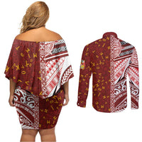 Tonga Language Week Couples Matching Off Shoulder Short Dress and Long Sleeve Button Shirt Ngatu Pattern and Tongan Alphabet - Polynesian Pride
