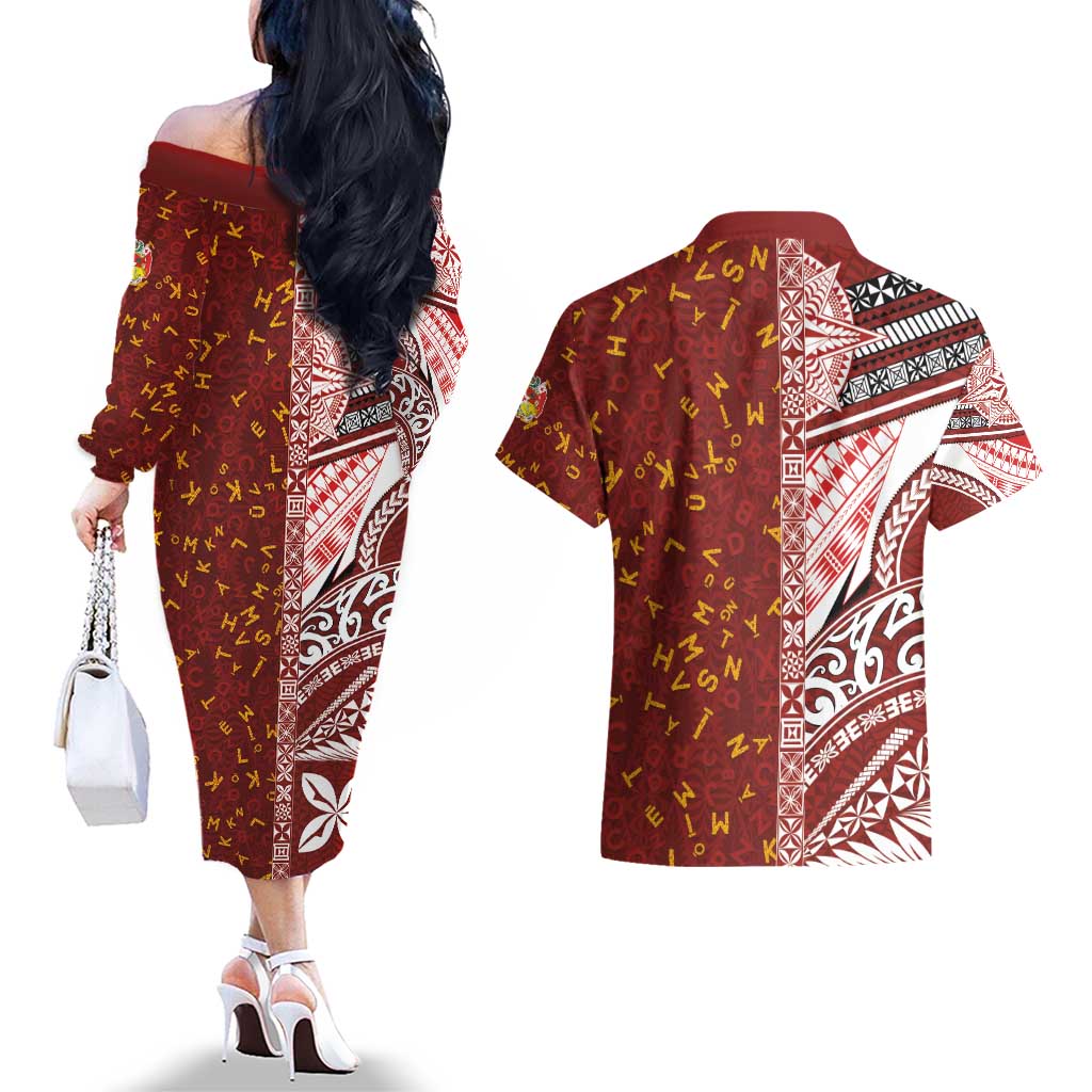 Tonga Language Week Couples Matching Off The Shoulder Long Sleeve Dress and Hawaiian Shirt Ngatu Pattern and Tongan Alphabet - Polynesian Pride