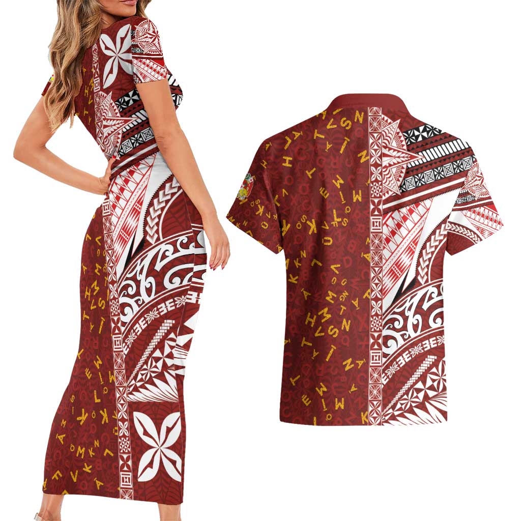Tonga Language Week Couples Matching Short Sleeve Bodycon Dress and Hawaiian Shirt Ngatu Pattern and Tongan Alphabet - Polynesian Pride