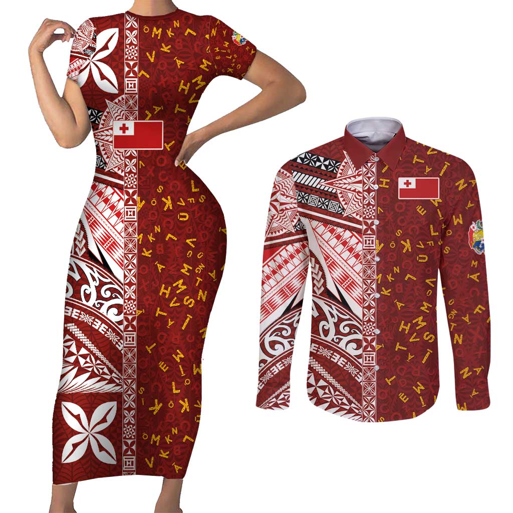 Tonga Language Week Couples Matching Short Sleeve Bodycon Dress and Long Sleeve Button Shirt Ngatu Pattern and Tongan Alphabet - Polynesian Pride