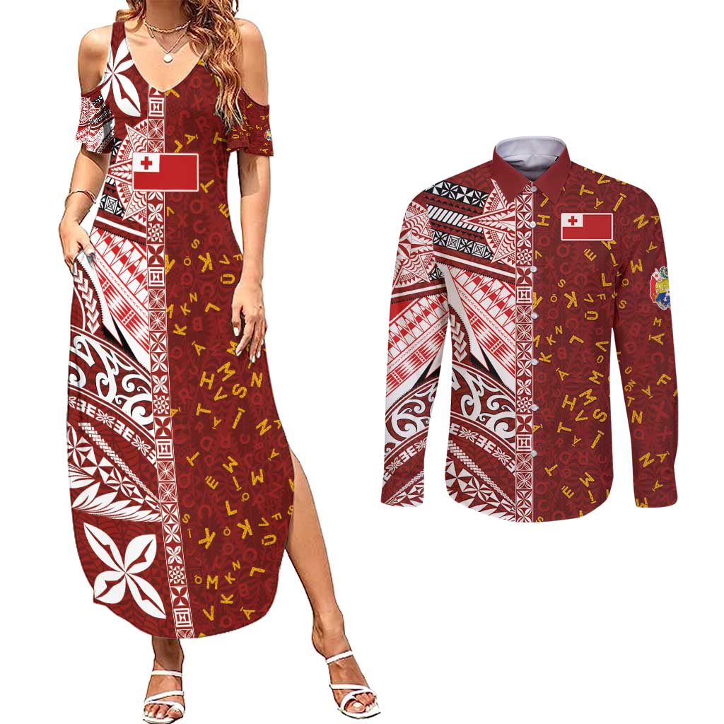 Tonga Language Week Couples Matching Summer Maxi Dress and Long Sleeve Button Shirt Ngatu Pattern and Tongan Alphabet - Polynesian Pride