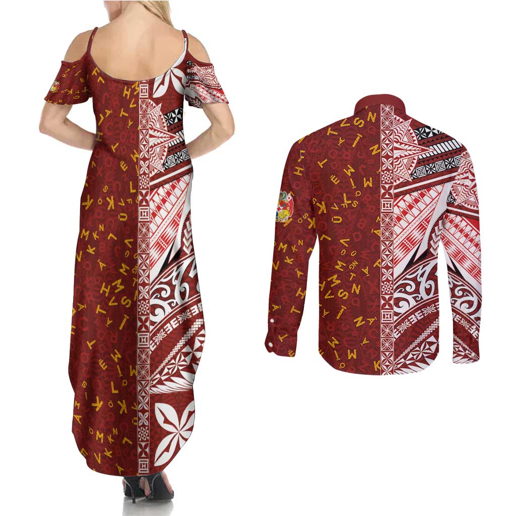 Tonga Language Week Couples Matching Summer Maxi Dress and Long Sleeve Button Shirt Ngatu Pattern and Tongan Alphabet - Polynesian Pride