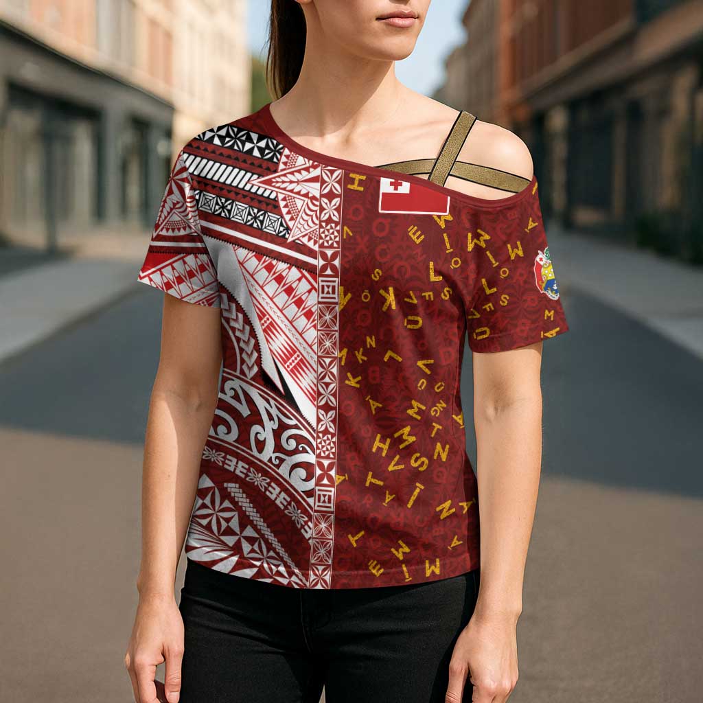 Tonga Language Week Cross Shoulder Shirt Ngatu Pattern and Tongan Alphabet - Polynesian Pride