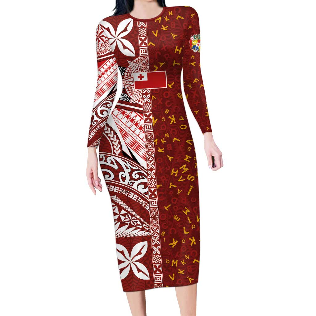 Tonga Language Week Family Matching Long Sleeve Bodycon Dress and Hawaiian Shirt Ngatu Pattern and Tongan Alphabet - Polynesian Pride