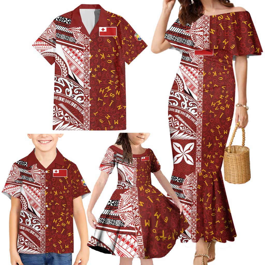 Tonga Language Week Family Matching Mermaid Dress and Hawaiian Shirt Ngatu Pattern and Tongan Alphabet - Polynesian Pride