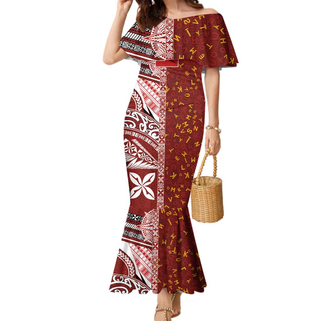 Tonga Language Week Family Matching Mermaid Dress and Hawaiian Shirt Ngatu Pattern and Tongan Alphabet - Polynesian Pride