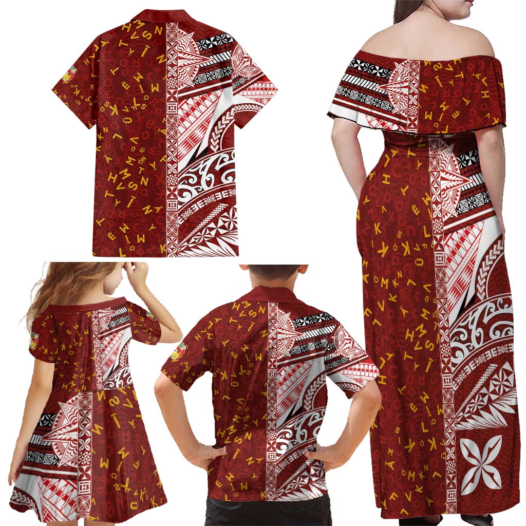 Tonga Language Week Family Matching Off Shoulder Maxi Dress and Hawaiian Shirt Ngatu Pattern and Tongan Alphabet - Polynesian Pride