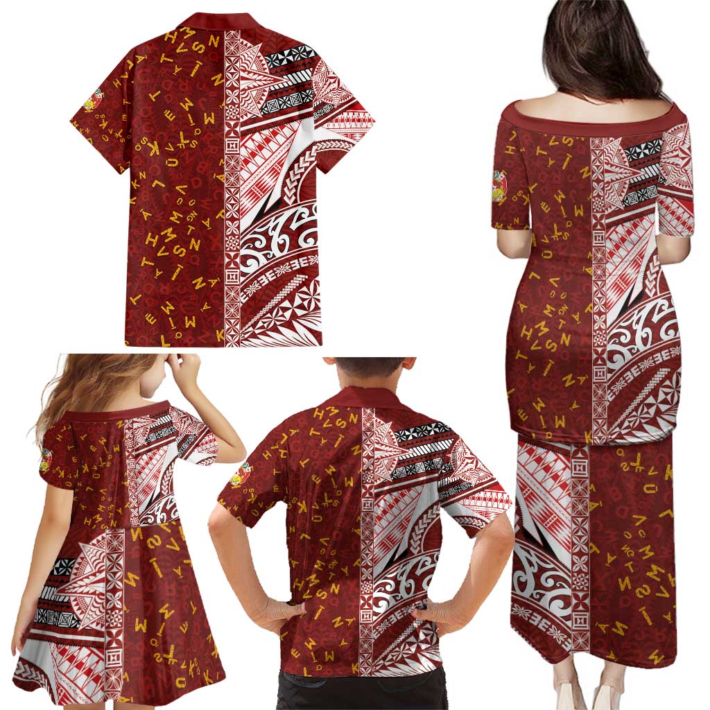 Tonga Language Week Family Matching Puletasi and Hawaiian Shirt Ngatu Pattern and Tongan Alphabet - Polynesian Pride