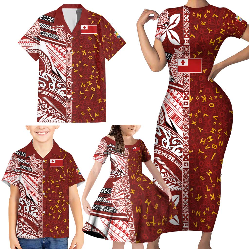 Tonga Language Week Family Matching Short Sleeve Bodycon Dress and Hawaiian Shirt Ngatu Pattern and Tongan Alphabet - Polynesian Pride