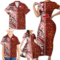 Tonga Language Week Family Matching Short Sleeve Bodycon Dress and Hawaiian Shirt Ngatu Pattern and Tongan Alphabet - Polynesian Pride