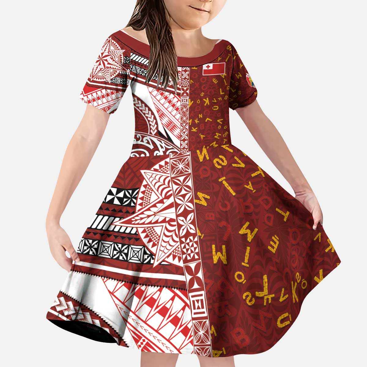 Tonga Language Week Kid Short Sleeve Dress Ngatu Pattern and Tongan Alphabet - Polynesian Pride