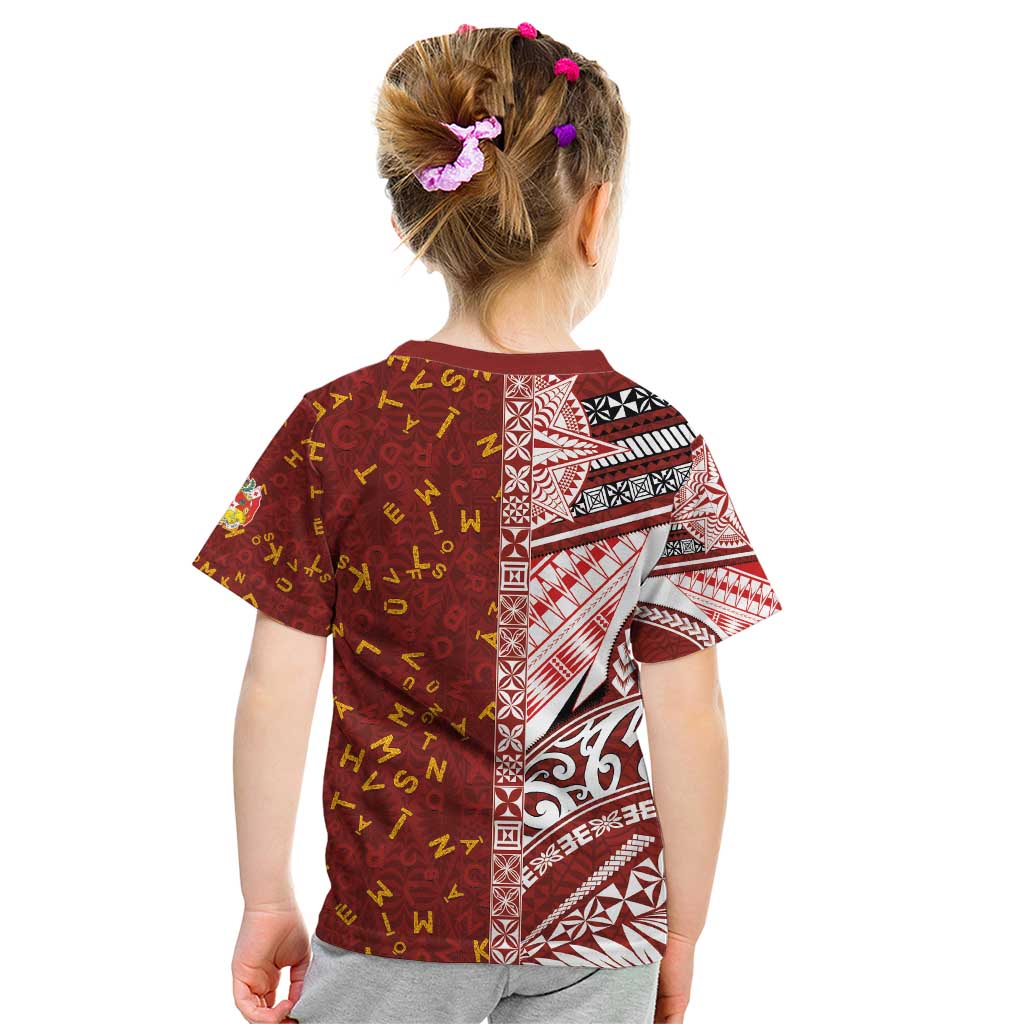 Tonga Language Week Kid T Shirt Ngatu Pattern and Tongan Alphabet - Polynesian Pride
