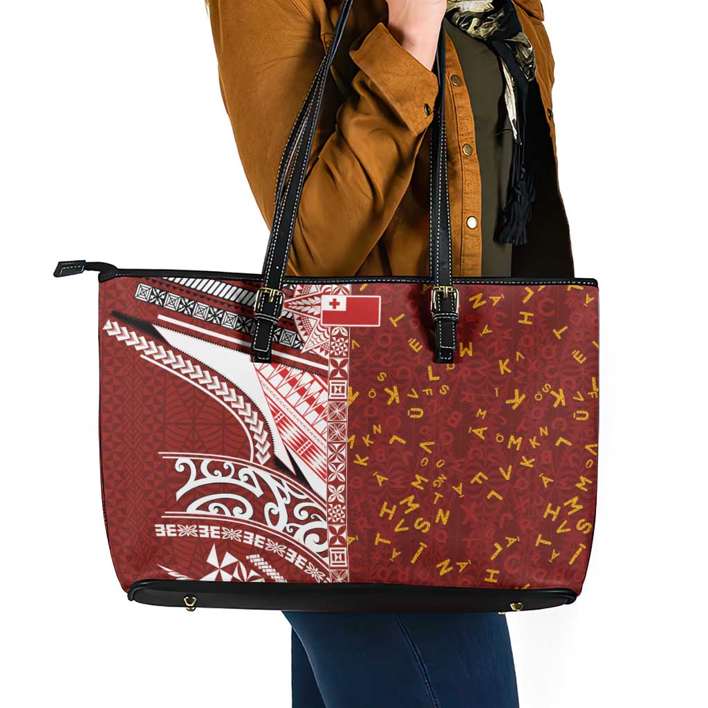 Tonga Language Week Leather Tote Bag Ngatu Pattern and Tongan Alphabet - Polynesian Pride