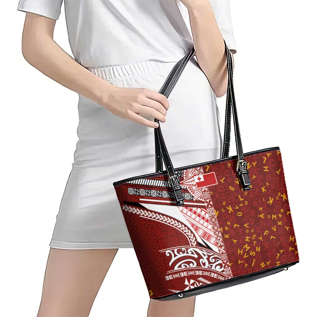 Tonga Language Week Leather Tote Bag Ngatu Pattern and Tongan Alphabet - Polynesian Pride
