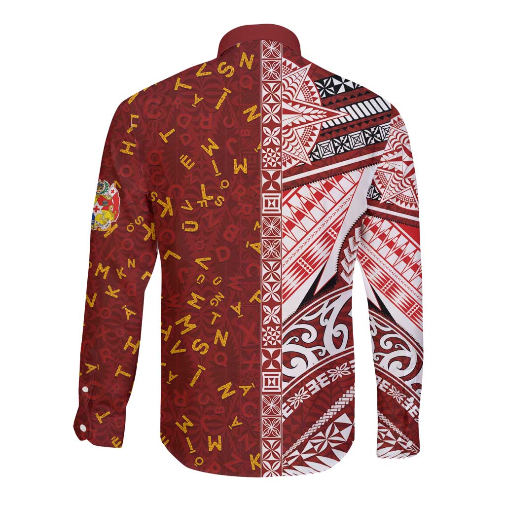 Tonga Language Week Long Sleeve Button Shirt Ngatu Pattern and Tongan Alphabet - Polynesian Pride