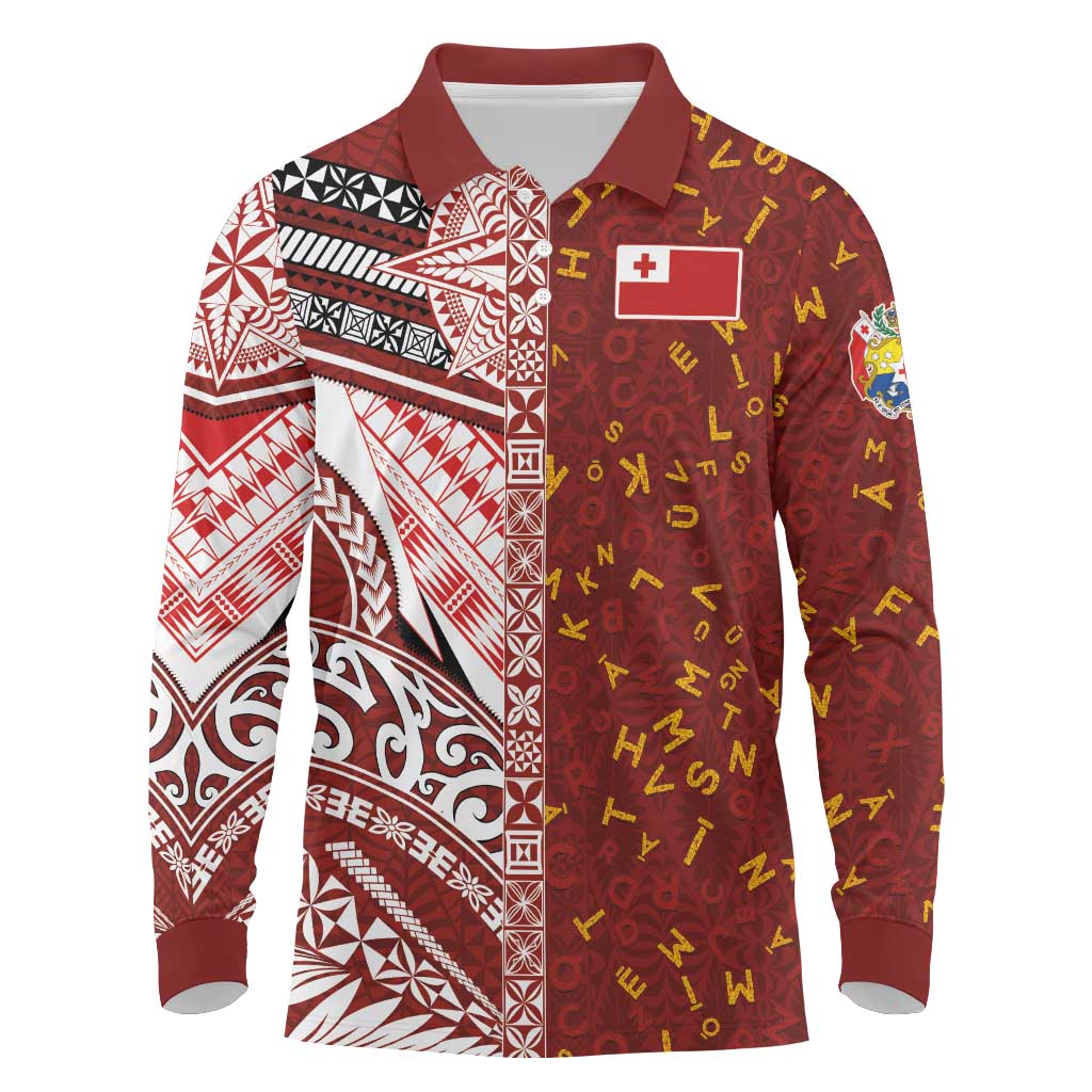 Tonga Language Week Long Sleeve Polo Shirt Ngatu Pattern and Tongan Alphabet - Polynesian Pride