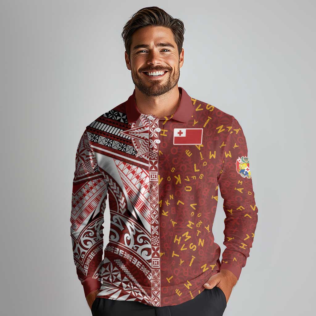 Tonga Language Week Long Sleeve Polo Shirt Ngatu Pattern and Tongan Alphabet - Polynesian Pride