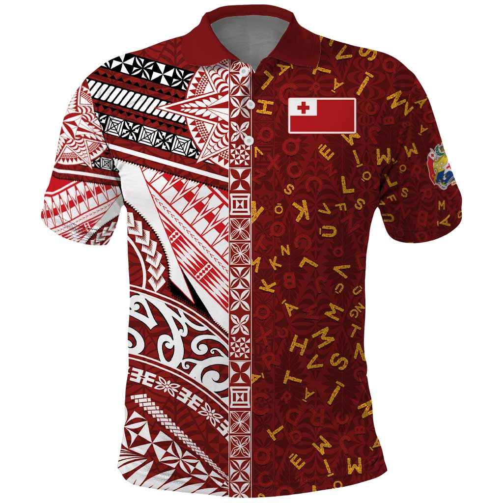 Tonga Language Week Polo Shirt Ngatu Pattern and Tongan Alphabet LT03 Red - Polynesian Pride