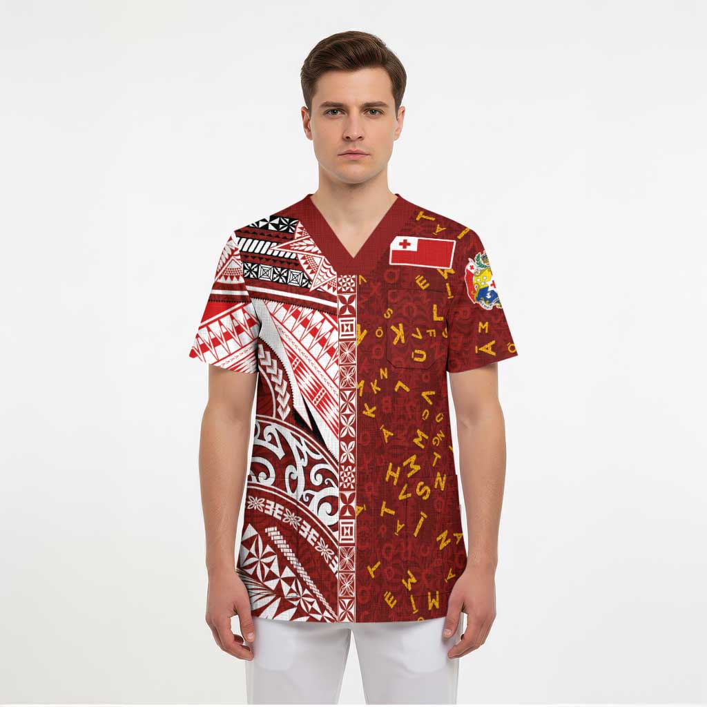 Tonga Language Week Scrub Top Ngatu Pattern and Tongan Alphabet - Polynesian Pride