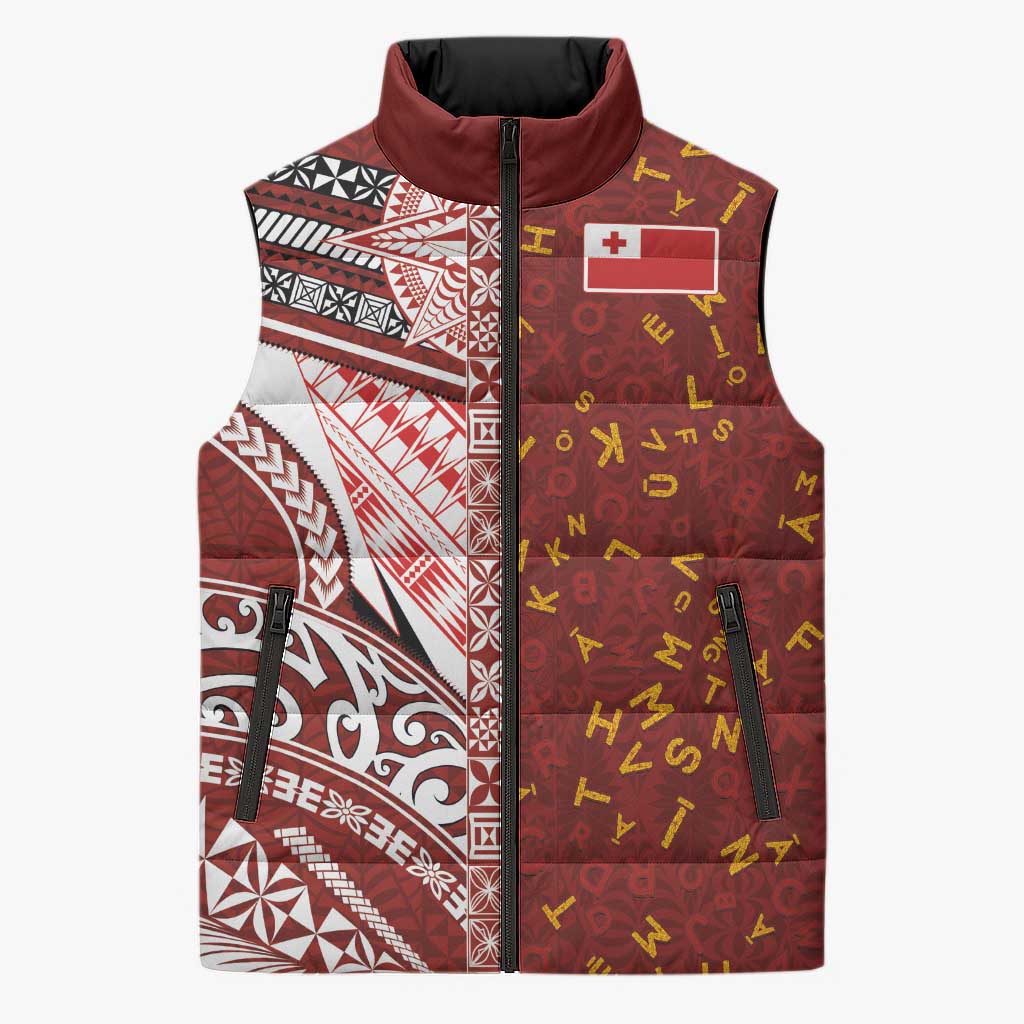 Tonga Language Week Sleeveless Puffer Jacket Ngatu Pattern and Tongan Alphabet - Polynesian Pride