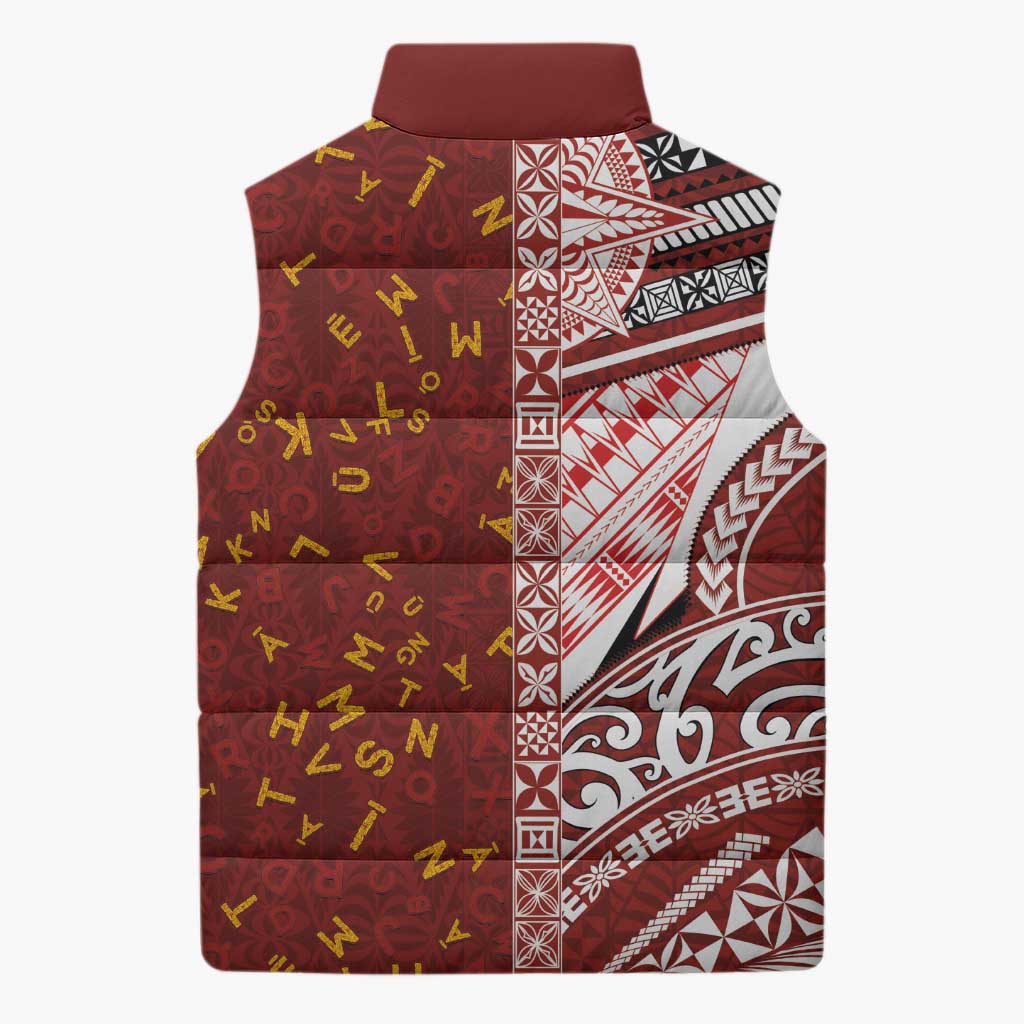 Tonga Language Week Sleeveless Puffer Jacket Ngatu Pattern and Tongan Alphabet - Polynesian Pride