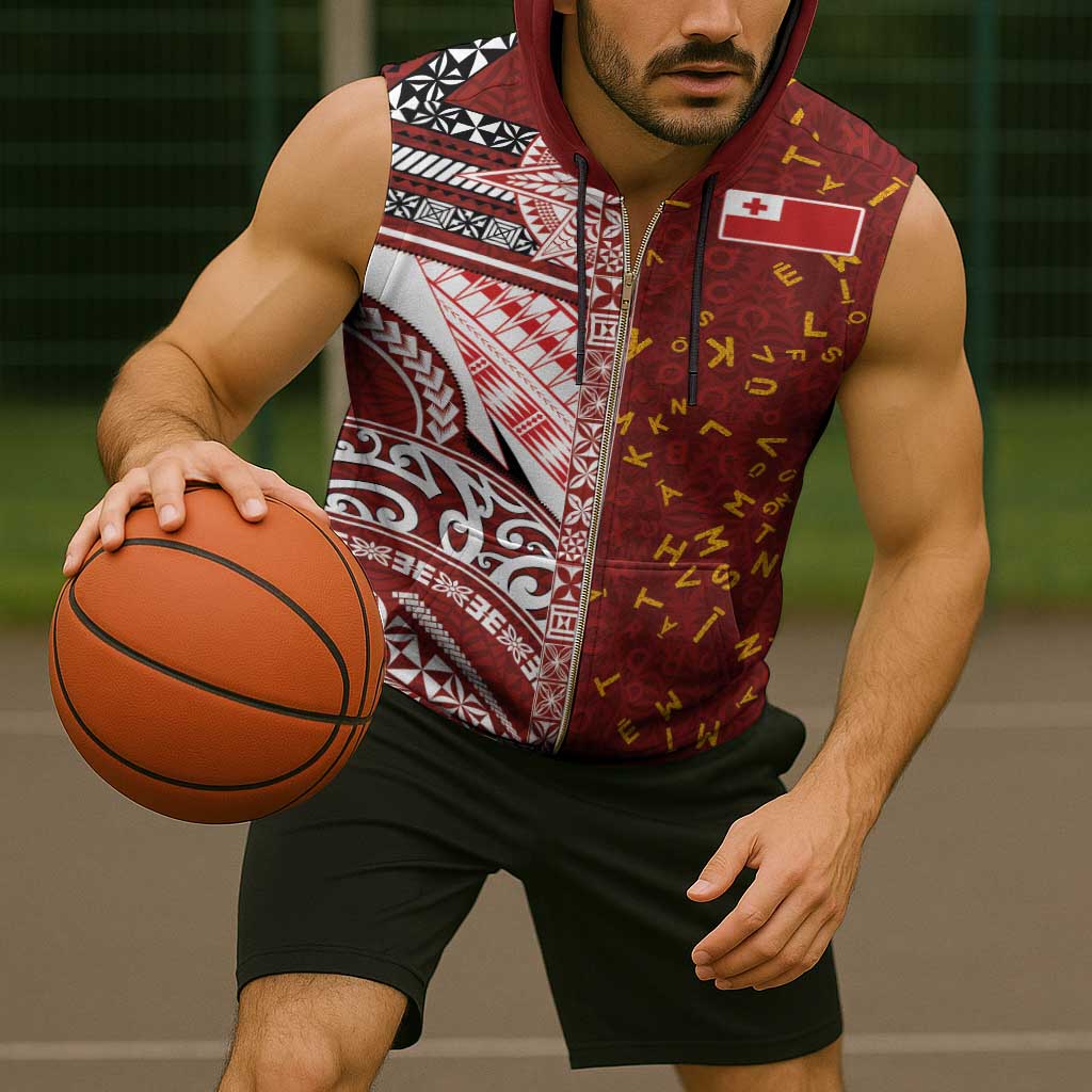 Tonga Language Week Sleeveless Zip Hoodie Ngatu Pattern and Tongan Alphabet - Polynesian Pride