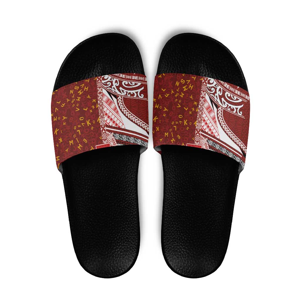 Tonga Language Week Slide Sandals Ngatu Pattern and Tongan Alphabet - Polynesian Pride