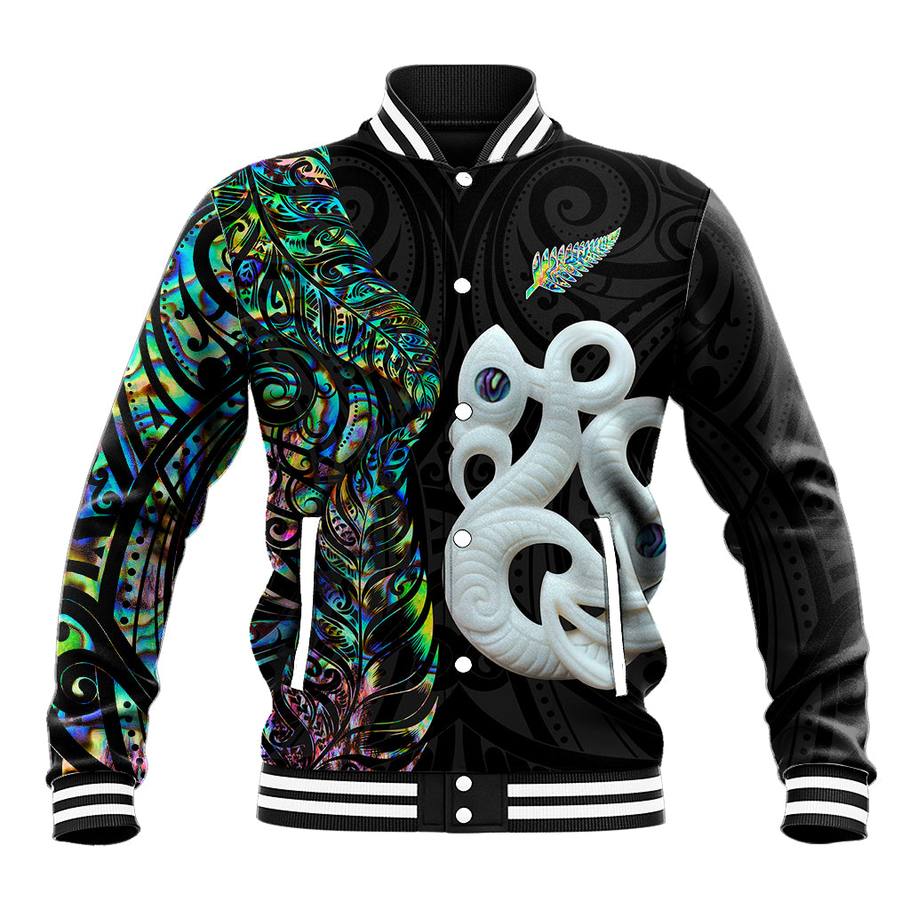New Zealand Baseball Jacket Silver Fern and Manaia with Papua Shell Maori Tribal LT03 Unisex White - Polynesian Pride