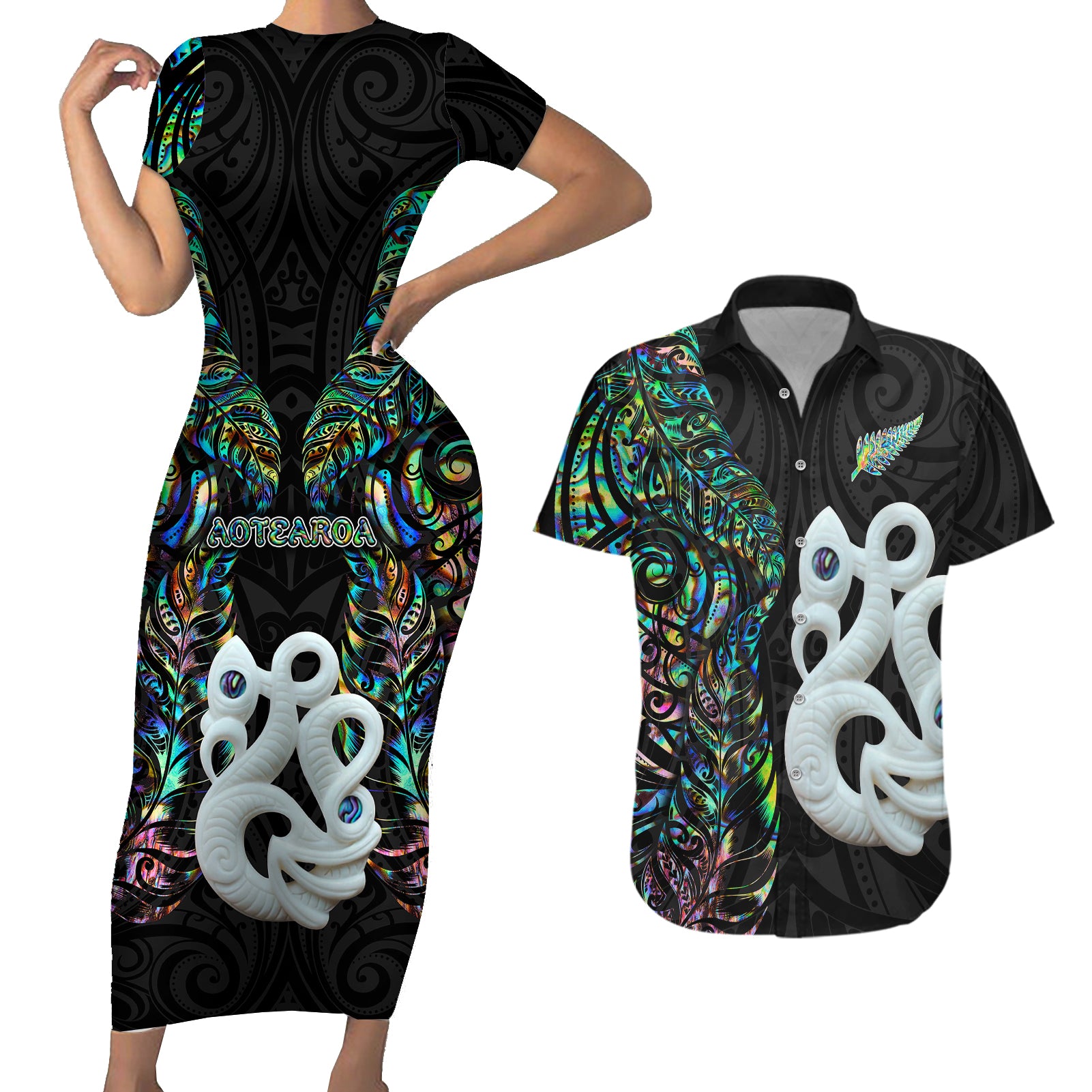 New Zealand Couples Matching Short Sleeve Bodycon Dress and Hawaiian Shirt Silver Fern and Manaia with Papua Shell Maori Tribal LT03 White - Polynesian Pride