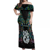 New Zealand Off Shoulder Maxi Dress Silver Fern and Manaia with Papua Shell Maori Tribal LT03 Women White - Polynesian Pride