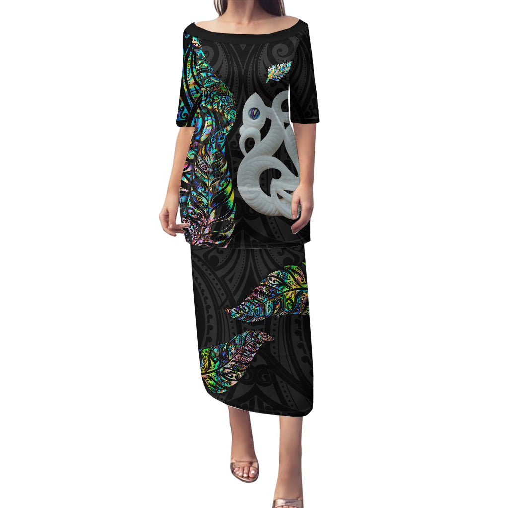 New Zealand Puletasi Silver Fern and Manaia with Papua Shell Maori Tribal LT03 Long Dress White - Polynesian Pride