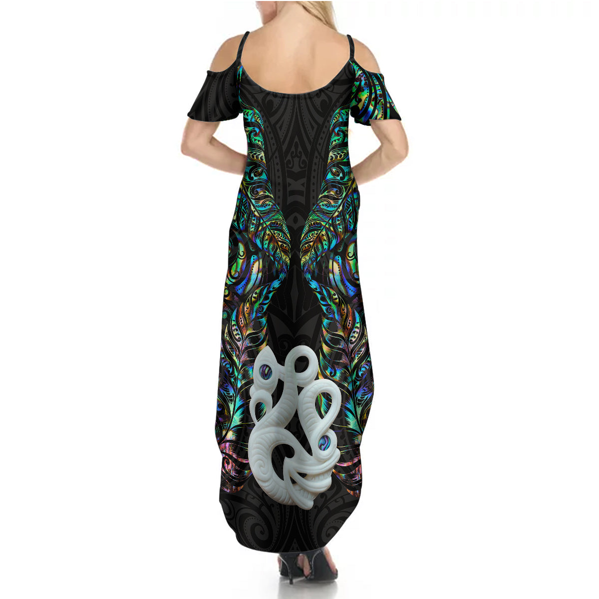 Custom New Zealand Summer Maxi Dress Silver Fern and Manaia with Papua Shell Maori Tribal LT03 - Polynesian Pride