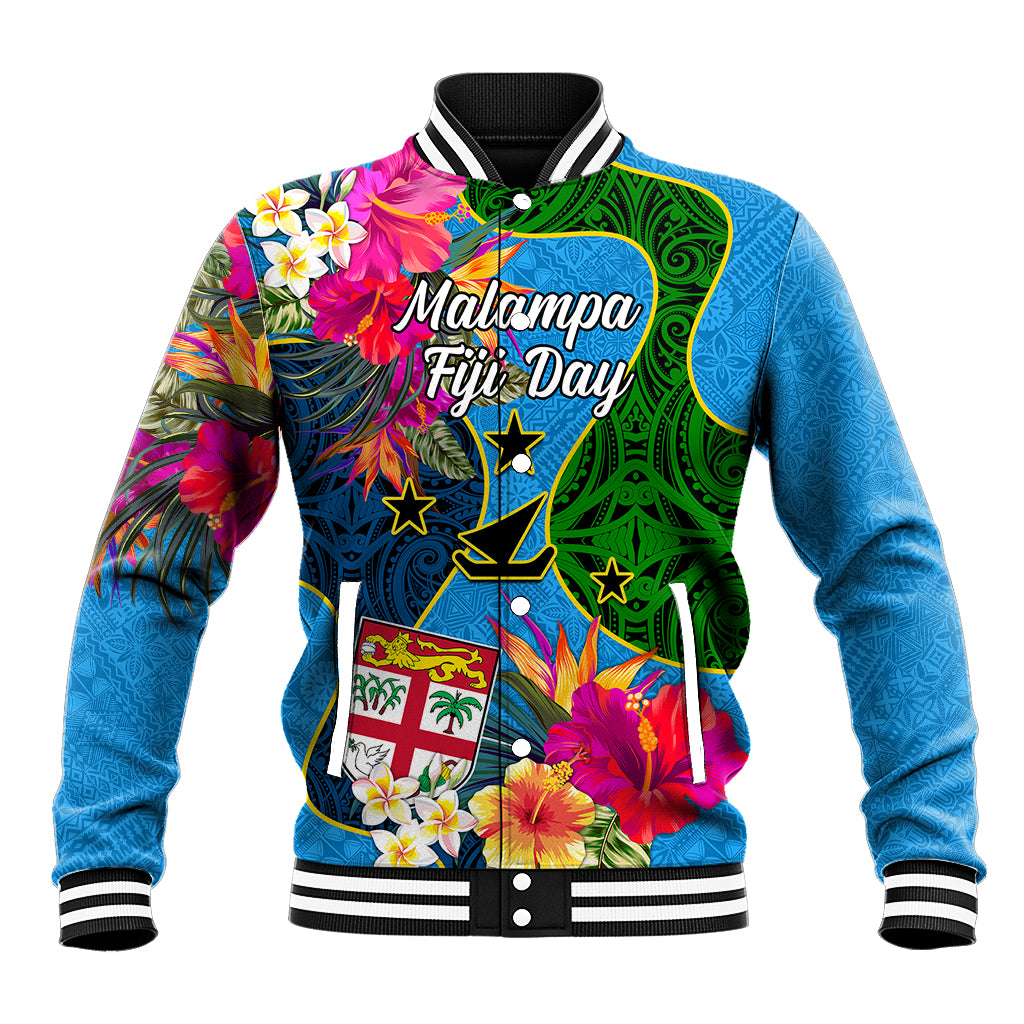 Personalised Malampa Fiji Day Baseball Jacket Tropical Plants Mix Polynesian and Tapa Pattern LT03 Unisex Blue - Polynesian Pride