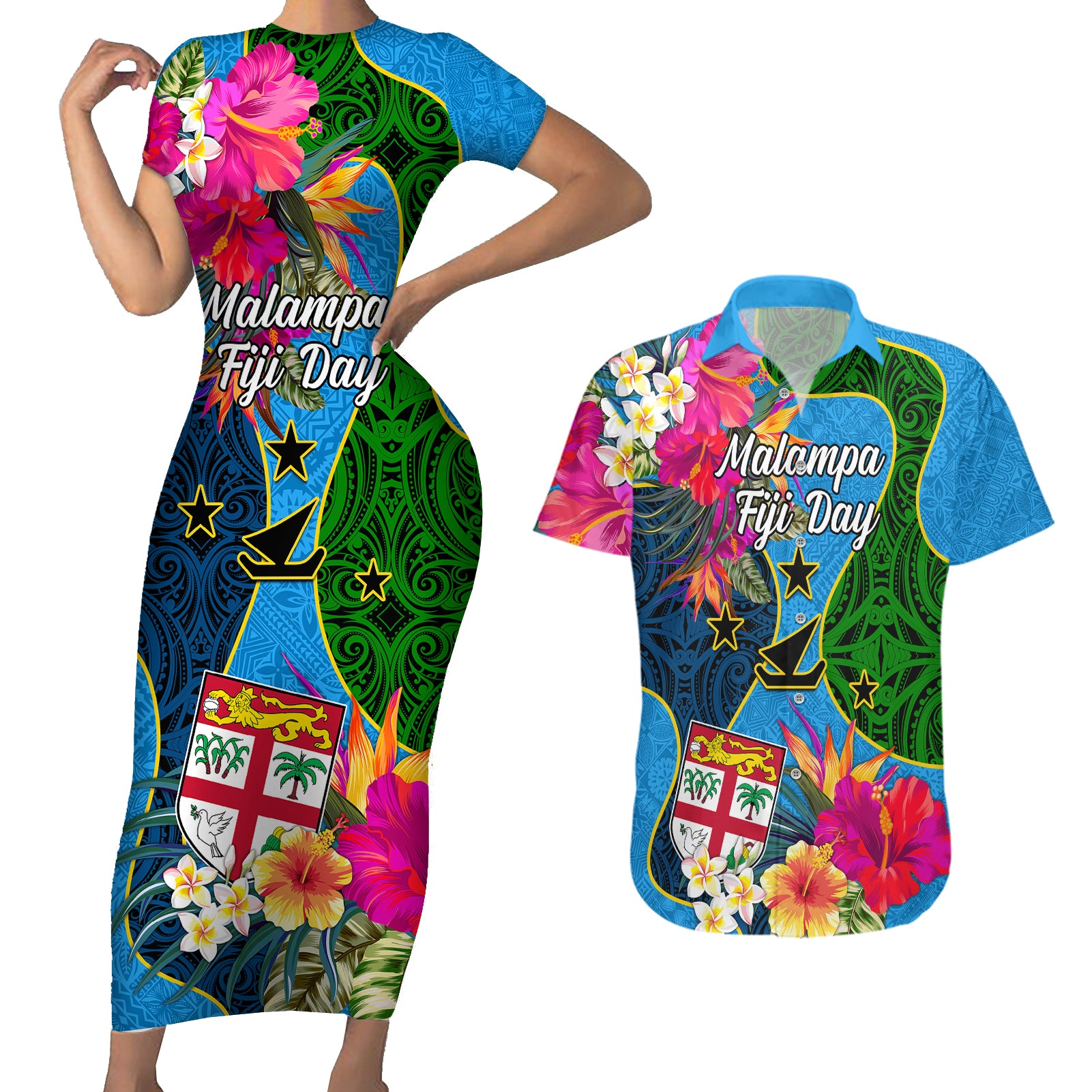 Personalised Malampa Fiji Day Couples Matching Short Sleeve Bodycon Dress and Hawaiian Shirt Tropical Plants Mix Polynesian and Tapa Pattern LT03 Blue - Polynesian Pride