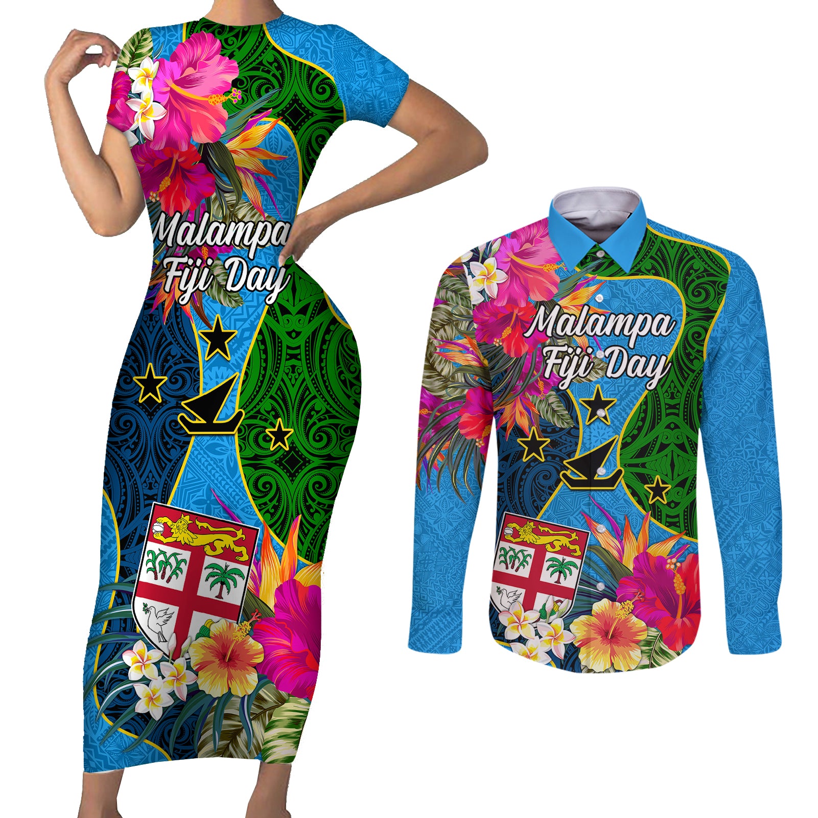 Personalised Malampa Fiji Day Couples Matching Short Sleeve Bodycon Dress and Long Sleeve Button Shirts Tropical Plants Mix Polynesian and Tapa Pattern LT03 Blue - Polynesian Pride