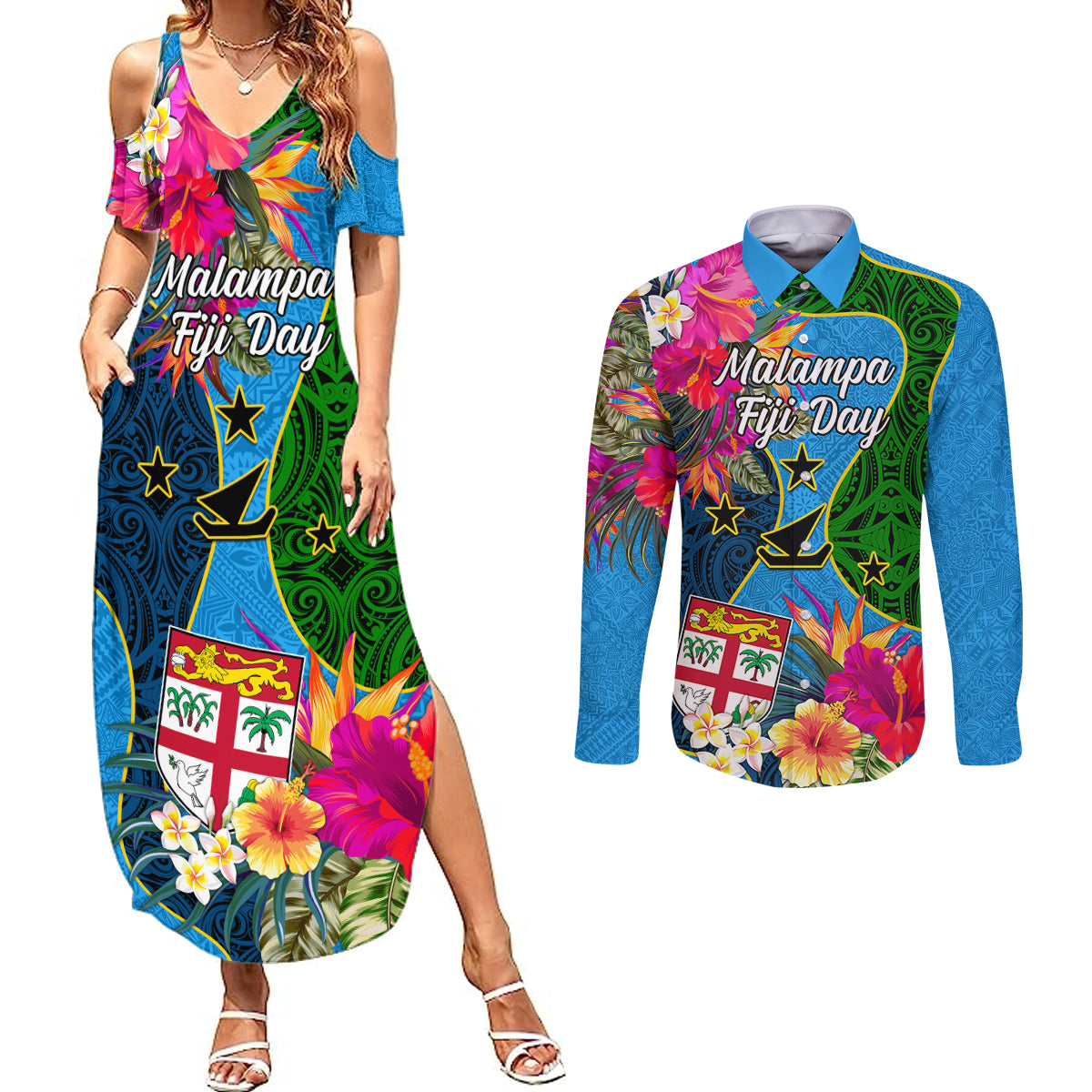 Personalised Malampa Fiji Day Couples Matching Summer Maxi Dress and Long Sleeve Button Shirts Tropical Plants Mix Polynesian and Tapa Pattern LT03 Blue - Polynesian Pride