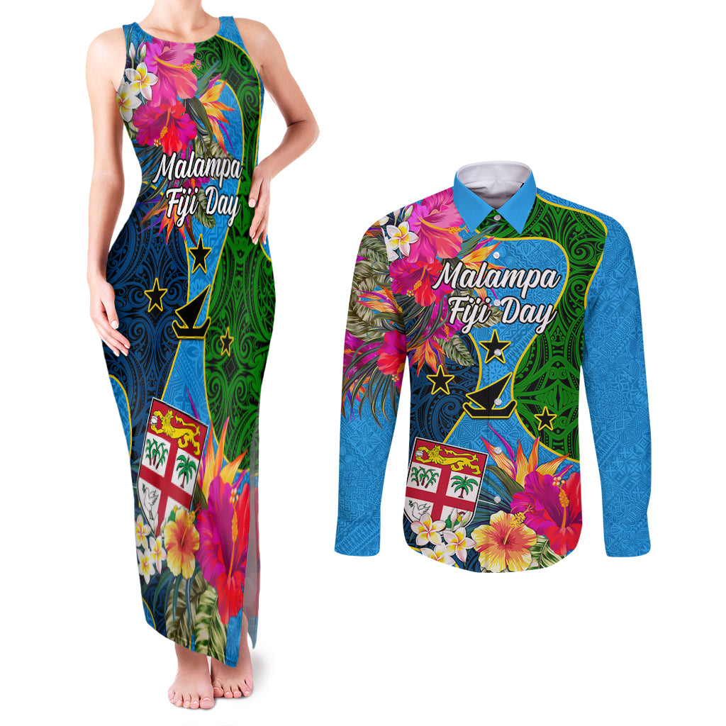 Personalised Malampa Fiji Day Couples Matching Tank Maxi Dress and Long Sleeve Button Shirts Tropical Plants Mix Polynesian and Tapa Pattern LT03 Blue - Polynesian Pride