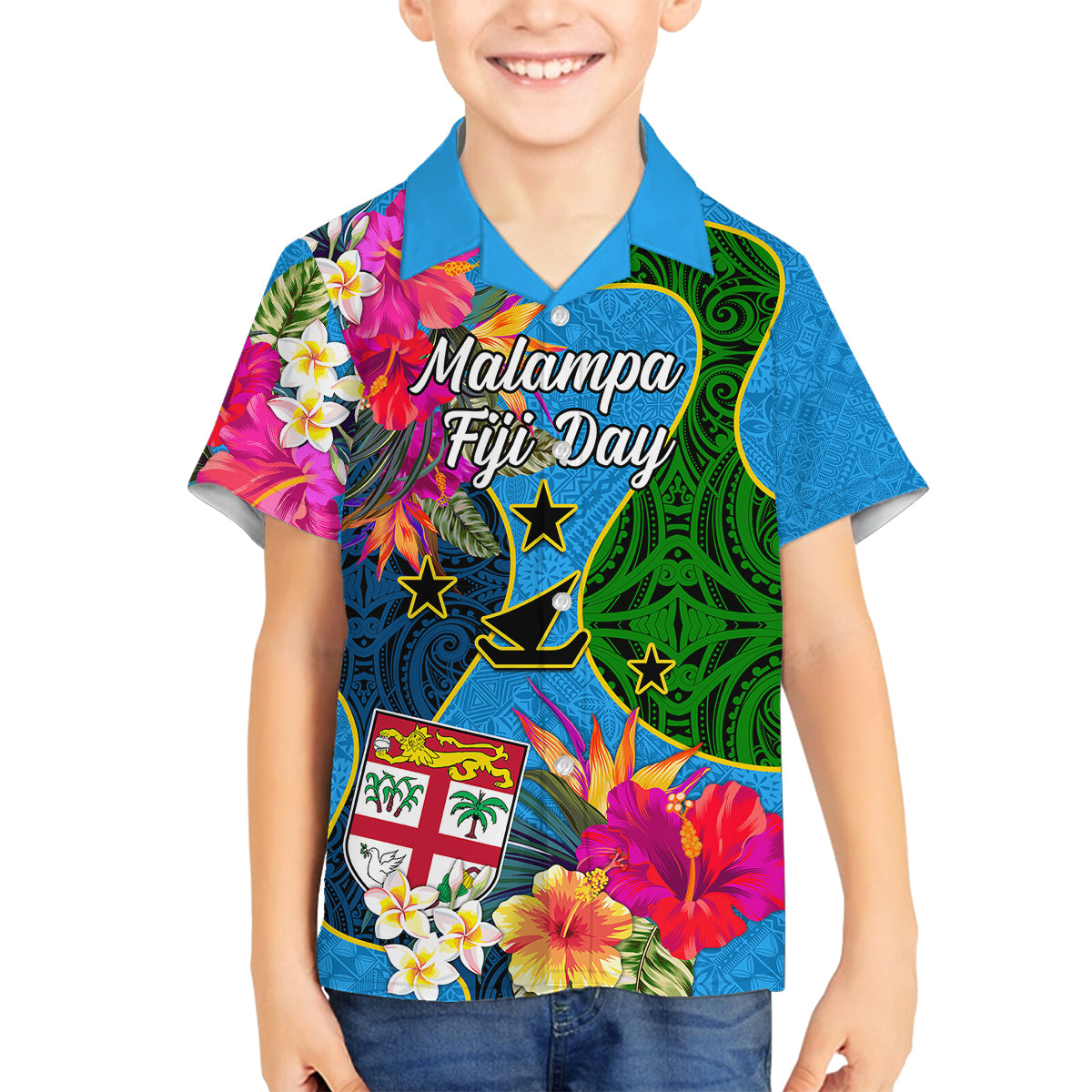 Personalised Malampa Fiji Day Family Matching Short Sleeve Bodycon Dress and Hawaiian Shirt Tropical Plants Mix Polynesian and Tapa Pattern LT03 Son's Shirt Blue - Polynesian Pride