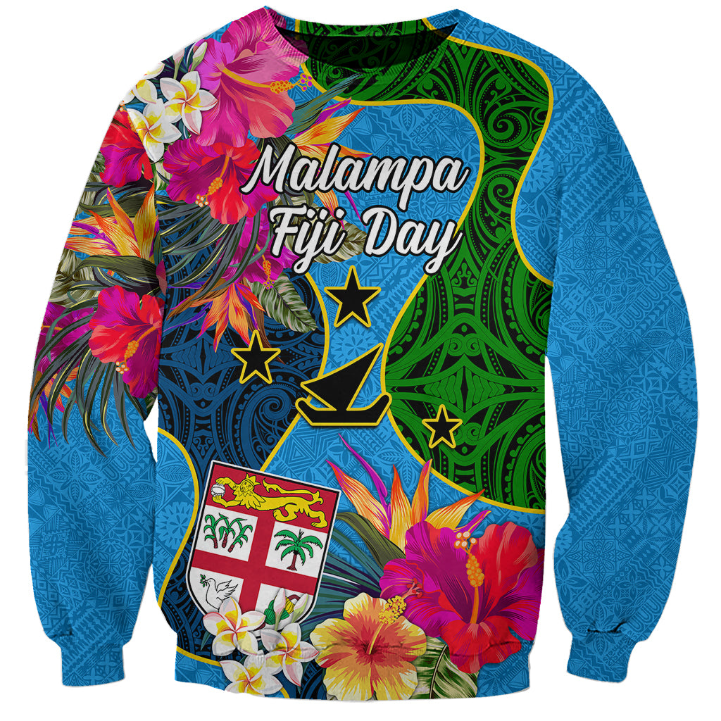 Personalised Malampa Fiji Day Sweatshirt Tropical Plants Mix Polynesian and Tapa Pattern LT03 Unisex Blue - Polynesian Pride