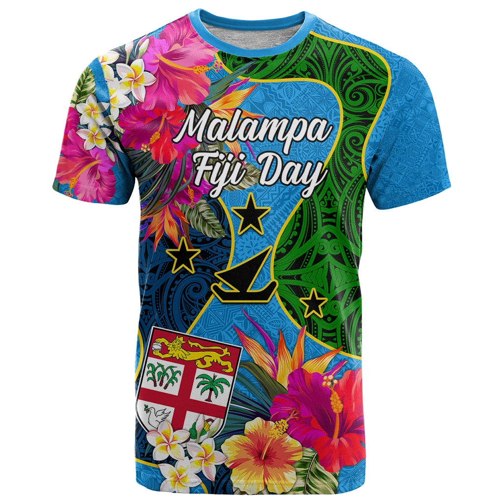 Personalised Malampa Fiji Day T Shirt Tropical Plants Mix Polynesian and Tapa Pattern LT03 Blue - Polynesian Pride