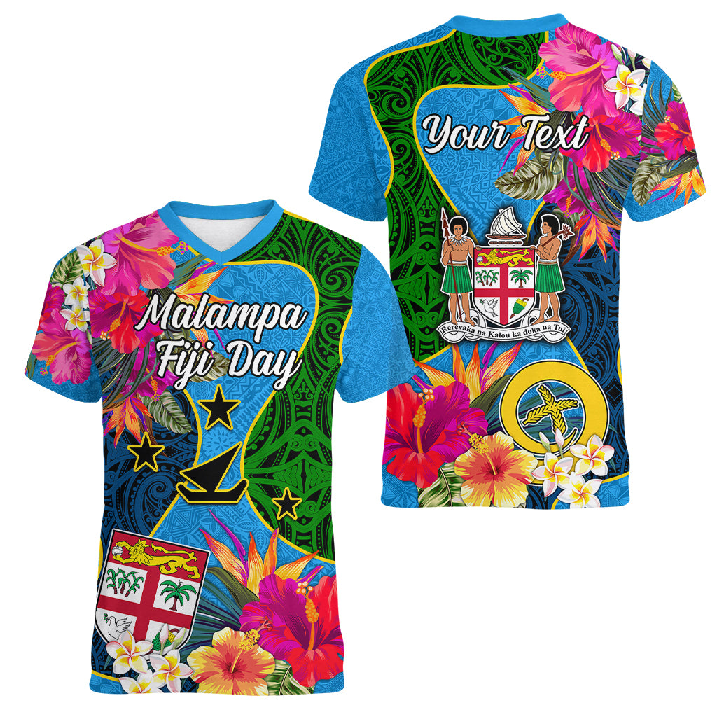 Personalised Malampa Fiji Day Women V Neck T Shirt Tropical Plants Mix Polynesian and Tapa Pattern LT03 - Polynesian Pride