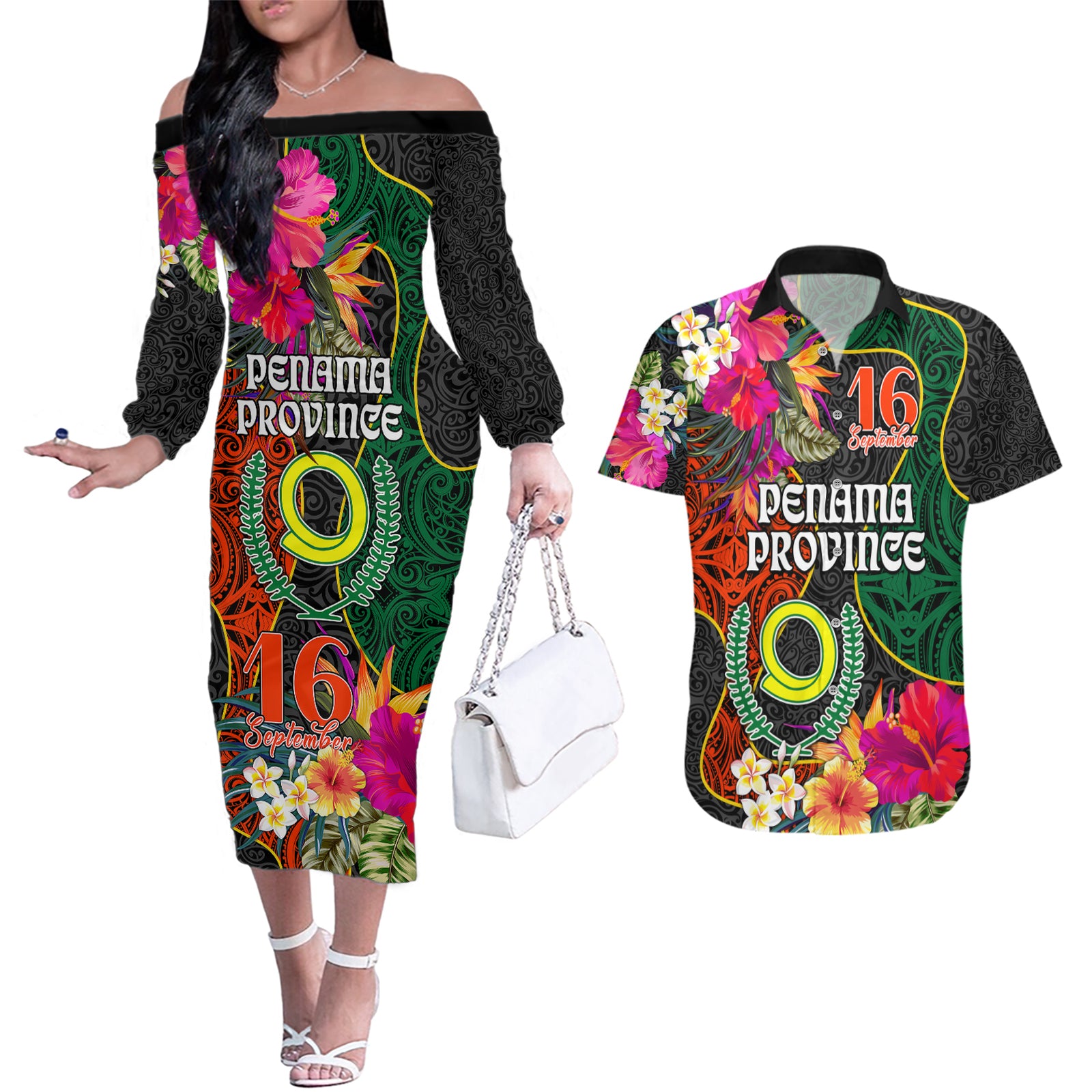 Penama Day Couples Matching Off The Shoulder Long Sleeve Dress and Hawaiian Shirt Proud To Be A Ni-Van Beauty Pacific Flower LT03 Black - Polynesian Pride