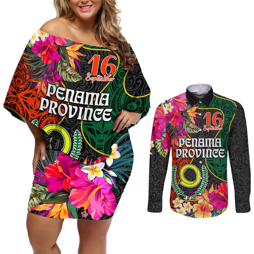Personalised Penama Day Couples Matching Off Shoulder Short Dress and Long Sleeve Button Shirts Proud To Be A Ni-Van Beauty Pacific Flower LT03 Black - Polynesian Pride