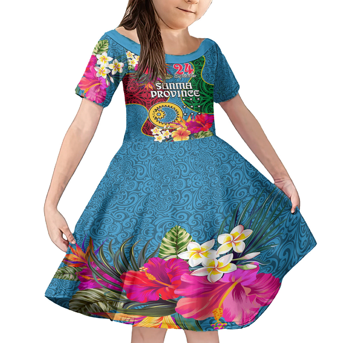 Sanma Day Kid Short Sleeve Dress Proud To Be A Ni-Van Beauty Pacific Flower LT03 KID Blue - Polynesian Pride