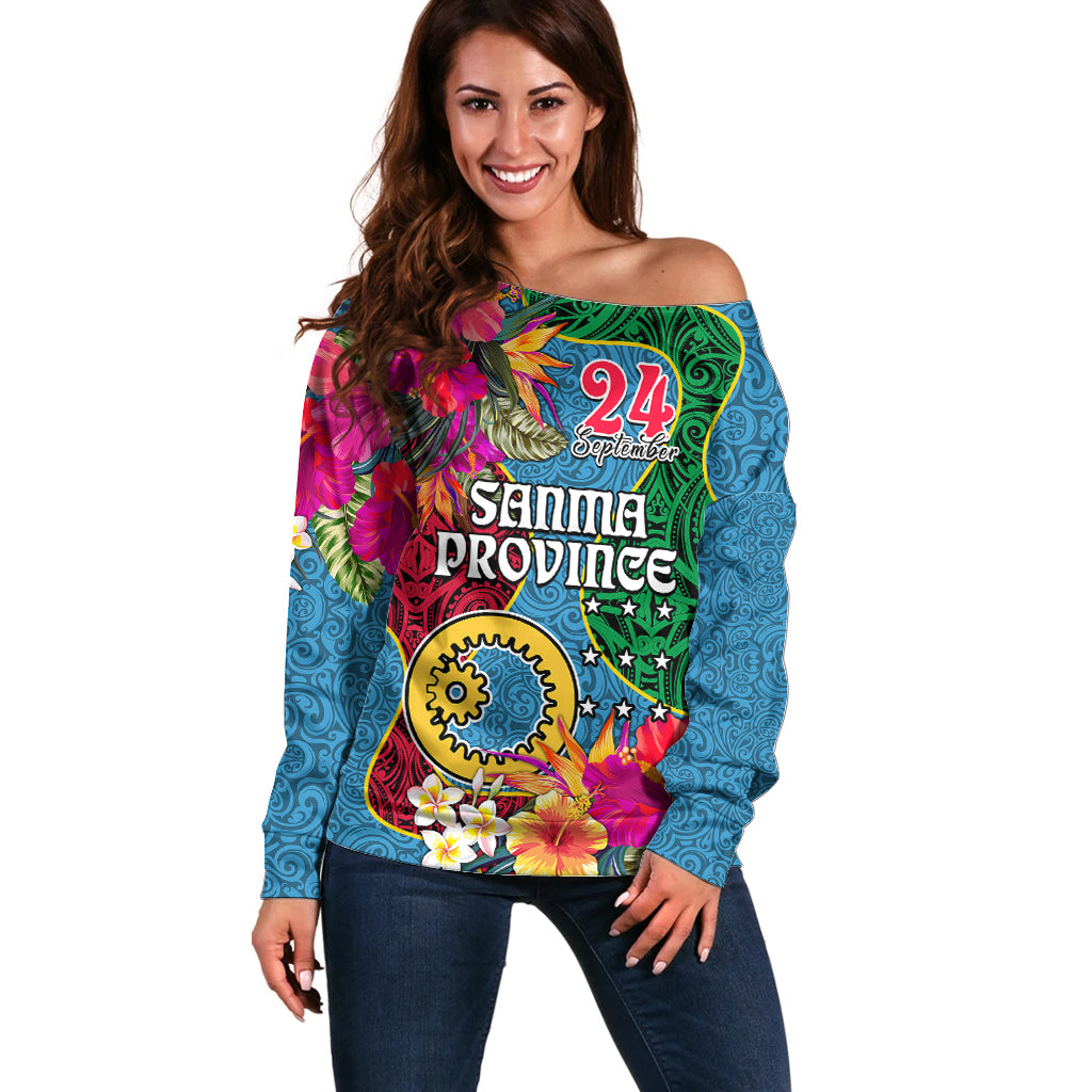 Sanma Day Off Shoulder Sweater Proud To Be A Ni-Van Beauty Pacific Flower LT03 Women Blue - Polynesian Pride