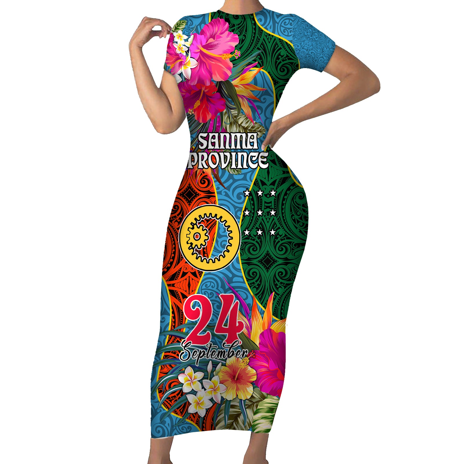 Sanma Day Short Sleeve Bodycon Dress Proud To Be A Ni-Van Beauty Pacific Flower LT03 Long Dress Blue - Polynesian Pride