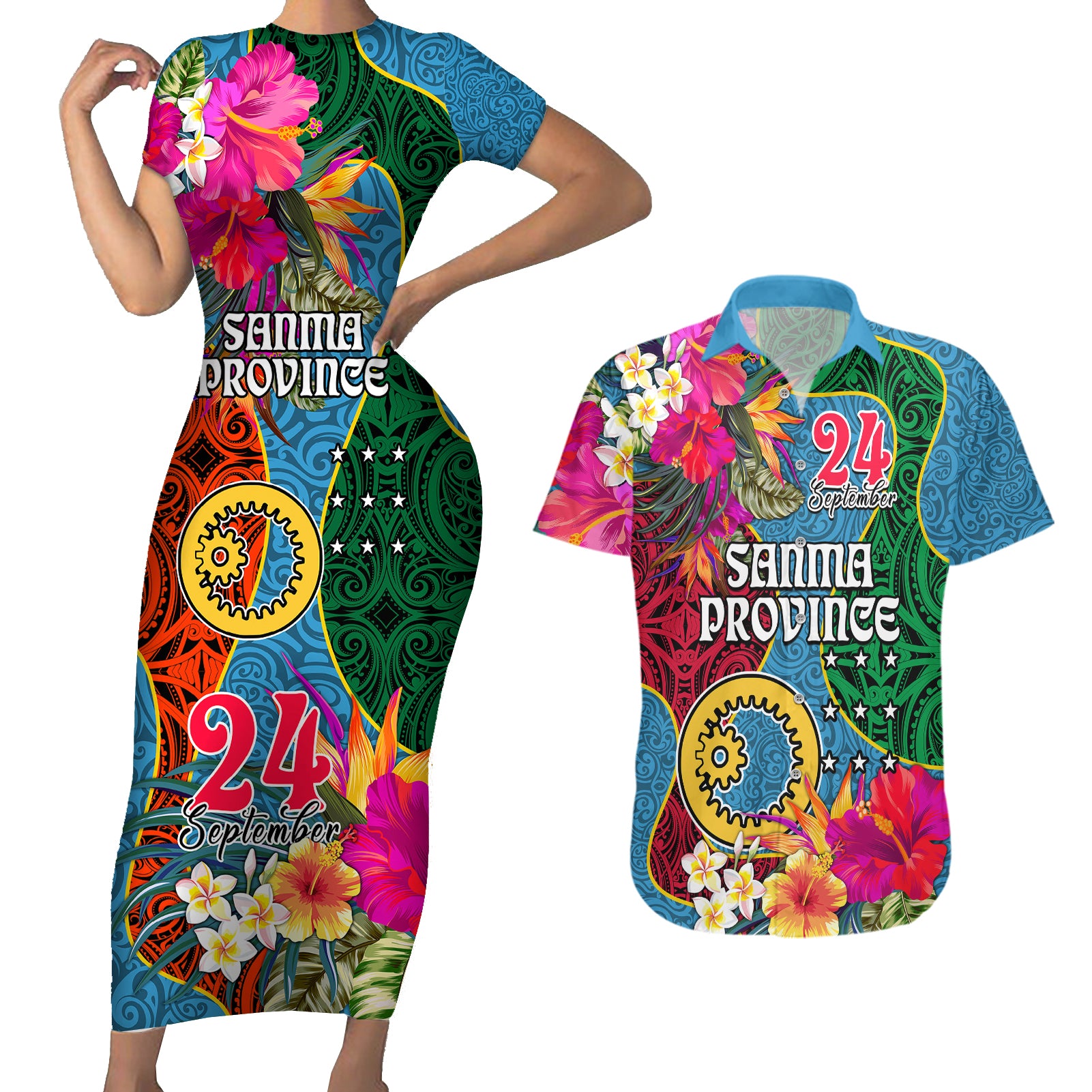 Personalised Sanma Day Couples Matching Short Sleeve Bodycon Dress and Hawaiian Shirt Proud To Be A Ni-Van Beauty Pacific Flower LT03 Blue - Polynesian Pride