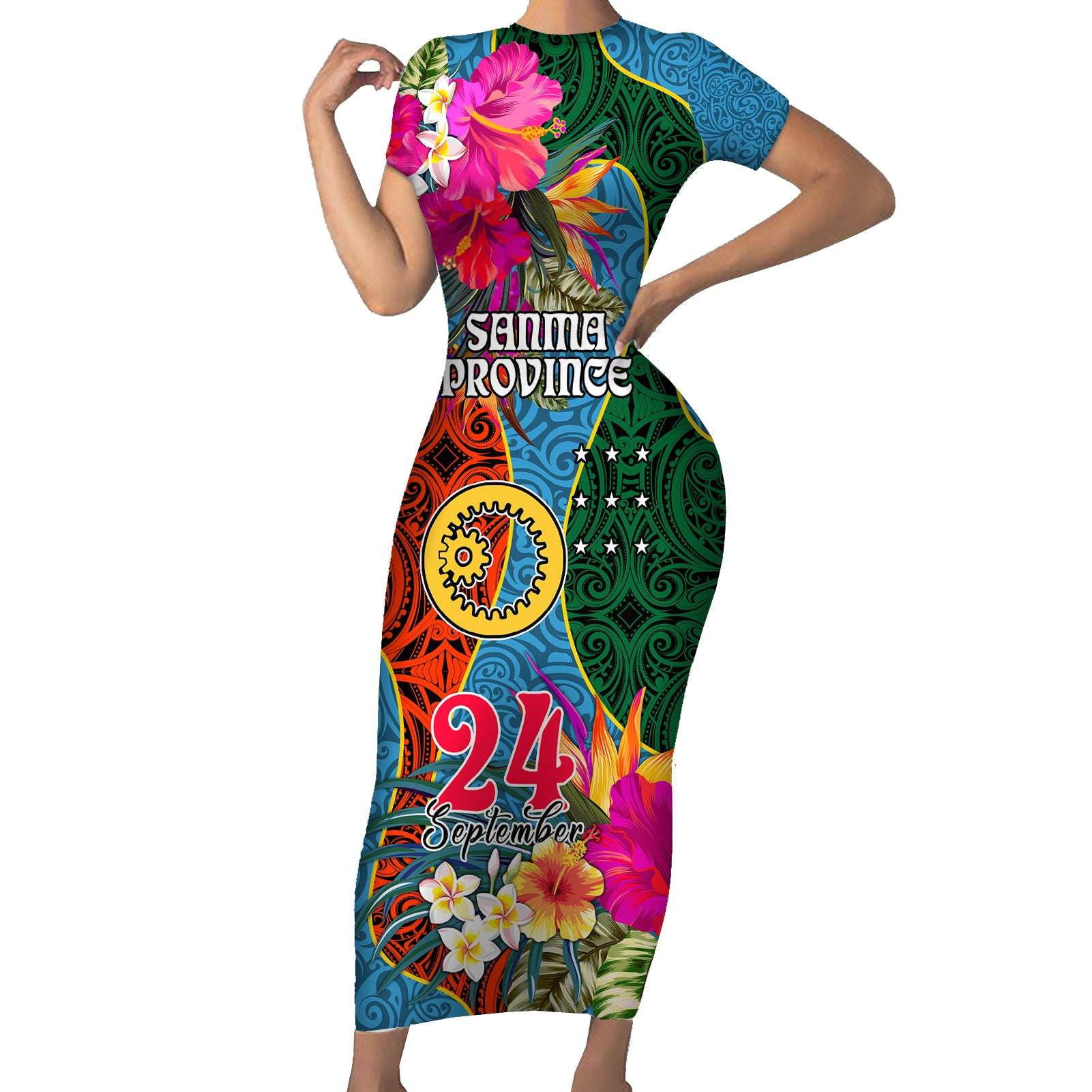 Personalised Sanma Day Short Sleeve Bodycon Dress Proud To Be A Ni-Van Beauty Pacific Flower LT03 Long Dress Blue - Polynesian Pride