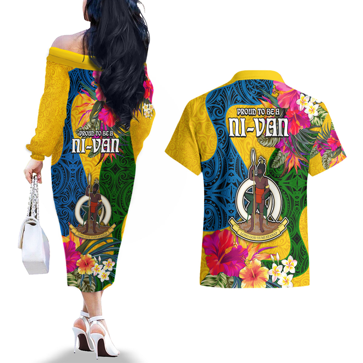 Malampa Day Couples Matching Off The Shoulder Long Sleeve Dress and Hawaiian Shirt Proud To Be A Ni-Van Beauty Pacific Flower LT03 - Polynesian Pride